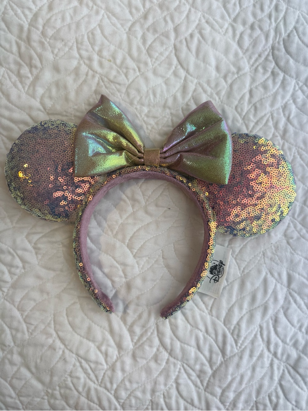 Disney Parks Iridescent Pink Purple Sequin Minnie Ears Metallic Bow